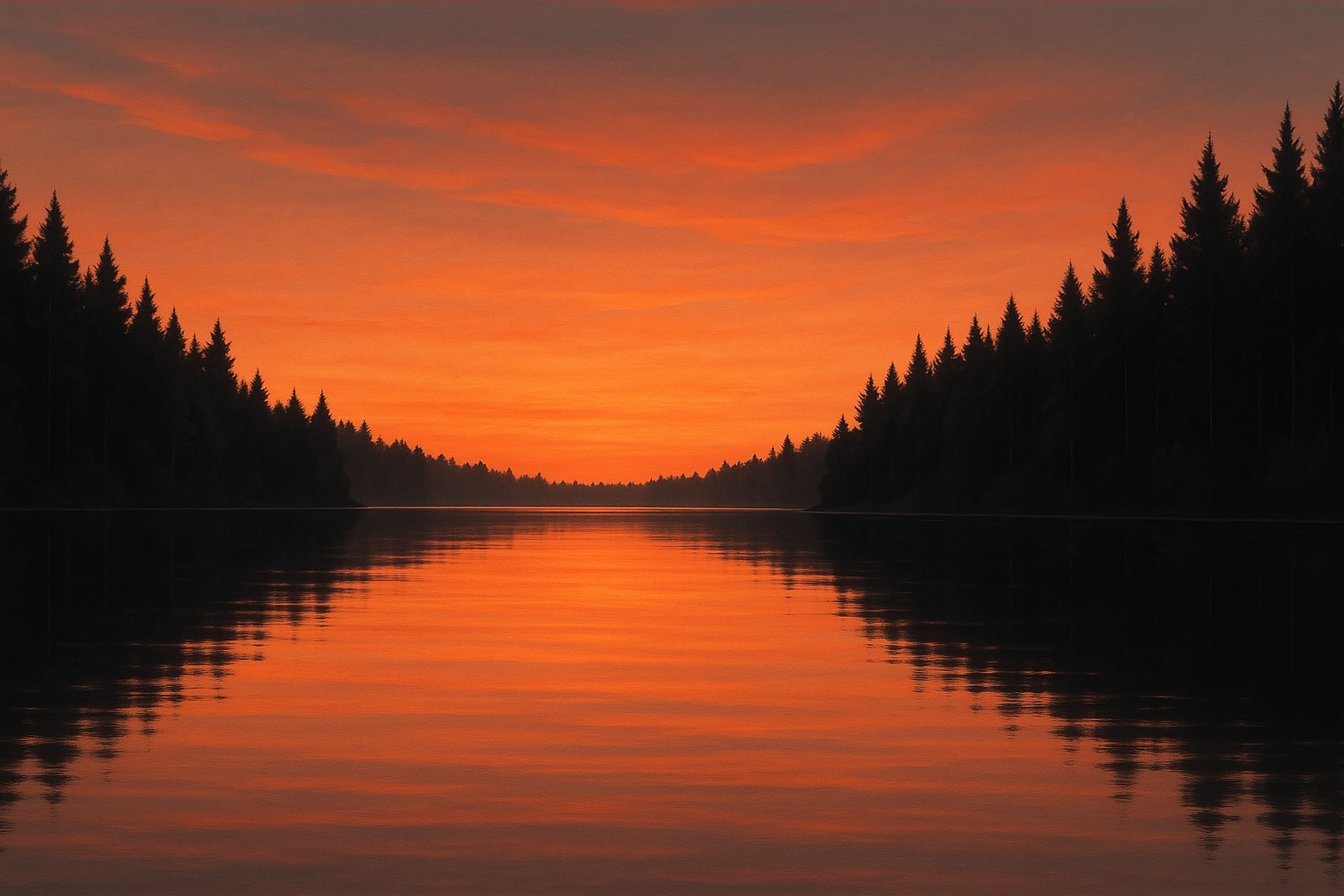 Sunset lake with pine forest